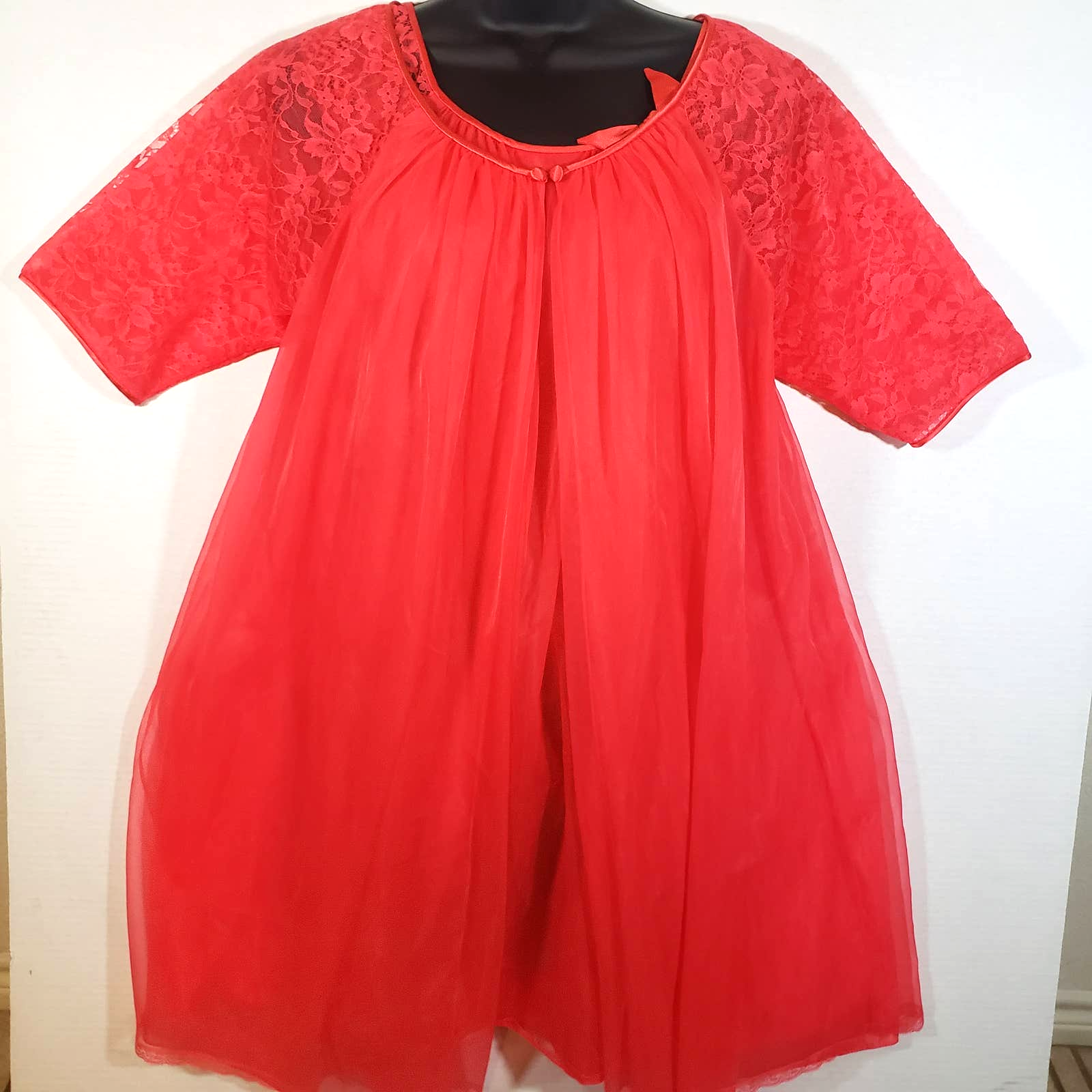 2 Pc Vanity Fair 50s Vtg Gown Robe Set Red Sheer Chiffon Xs Pin Up Lace Satin